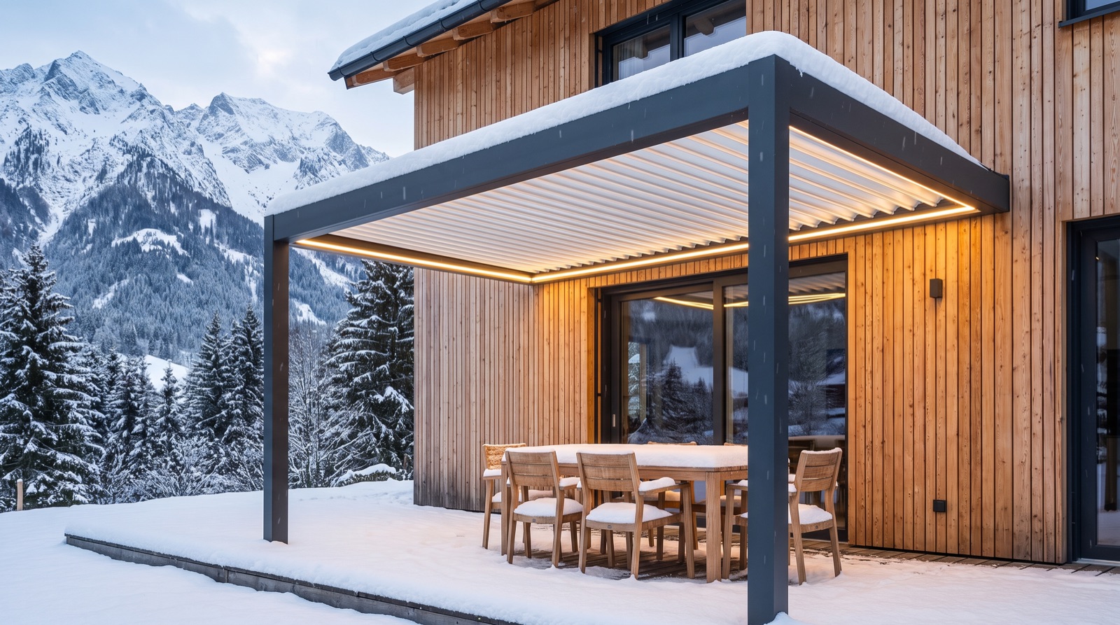 Heavy-Duty Lamellenpergola mit Schnee an einem Alpenhaus